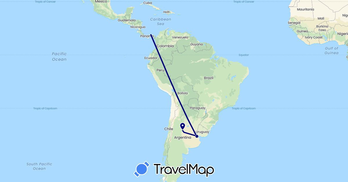 TravelMap itinerary: driving in Argentina, Panama (North America, South America)